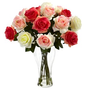 Nearly Natural Assorted Blooming Roses with Vase, Assorted Pastels - 1 of 3