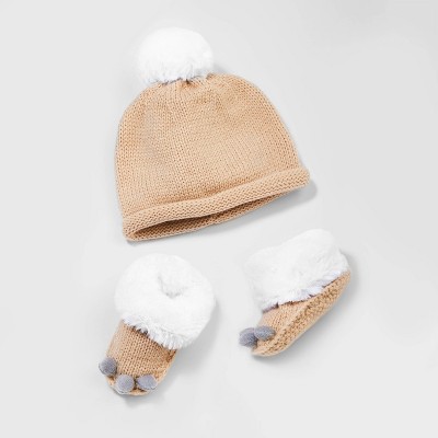 Image of Baby Knitted Hat & Booties Set - Cloud Island™ Beige 3-6M