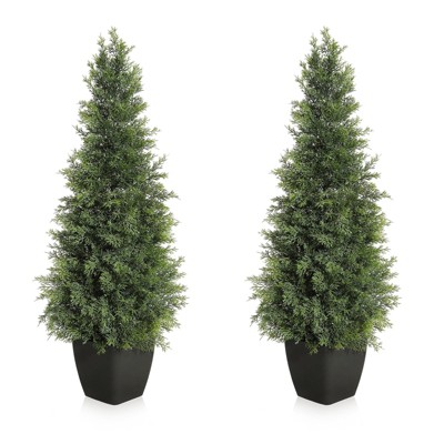 Set of 2 Artificial Cedar Topiary Trees 150cm – UV-Resistant Faux Bushes for Front Door, Maintenance-Free Potted Plants