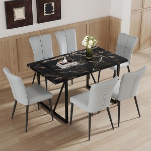 NicBex 5 PCS/7 PCS Black Marble Pattern MDF Dining Table Set with 4/6 Vertical Stripe Design Back Chairs for Kitchen/Apartment - 1 of 4