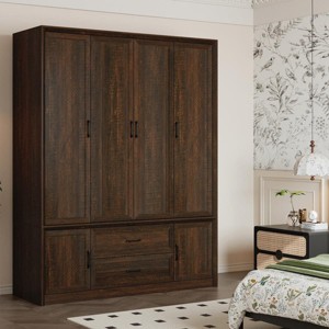 Famapy Modern Minimalist/Vintage Industrial 6-Door Wardrobe,Armoire with 2 Drawers,Hanging Rod,Bedroom & Closet Storage Center,White/Brown - 1 of 4