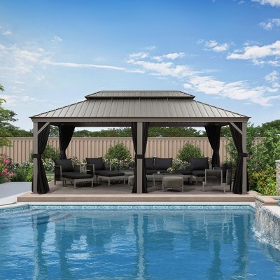 PURPLE LEAF Outdoor Hardtop Gazebo with Double Roof Metal Gazebo,Light Gray
