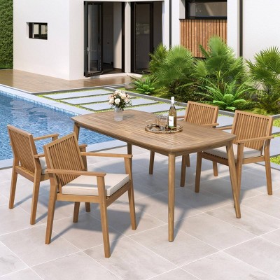5 Piece Acacia Wood Outdoor Dining Set, 70'' Rectangular Patio Dining Table and 4 Chairs with Cushions, Wooden Garden Dining Set-Coolbibila