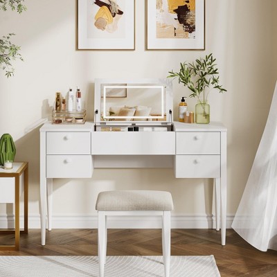 Makeup Vanity Desk with Flip Top Mirror and Lights, 47" 3 in 1 Vanity Table with 5 Drawers