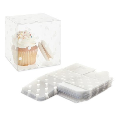 Sparkle & Bash 30 Pack Clear Party Favor Boxes with Polka Dots, Cupcake Carrier for Wedding, Baby Shower, 4x4x4 In