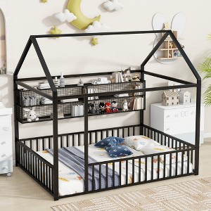 Full Size Metal House Bed Frame with Fence and Shelves - 1 of 4