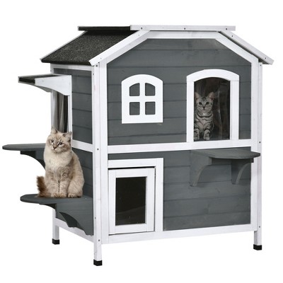 PawHut Wooden 2-Story Outdoor Cat House, Feral Cat Shelter Kitten Condo with Escape Door, Openable Asphalt Roof and 4 Platforms