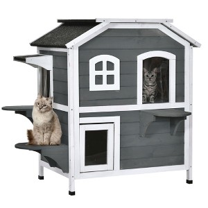 PawHut Wooden 2-Story Outdoor Cat House, Feral Cat Shelter Kitten Condo with Escape Door, Openable Asphalt Roof and 4 Platforms - 1 of 4
