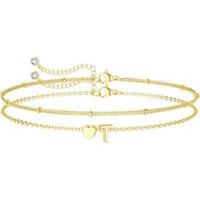 Dainty Initial Heart Gold Bracelets for Women Trendy, 14K Real Gold Letter Charm Bracelet Jewelry