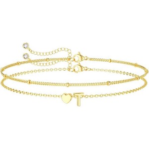 Dainty Initial Heart Gold Bracelets for Women Trendy, 14K Real Gold Letter Charm Bracelet Jewelry - 1 of 4