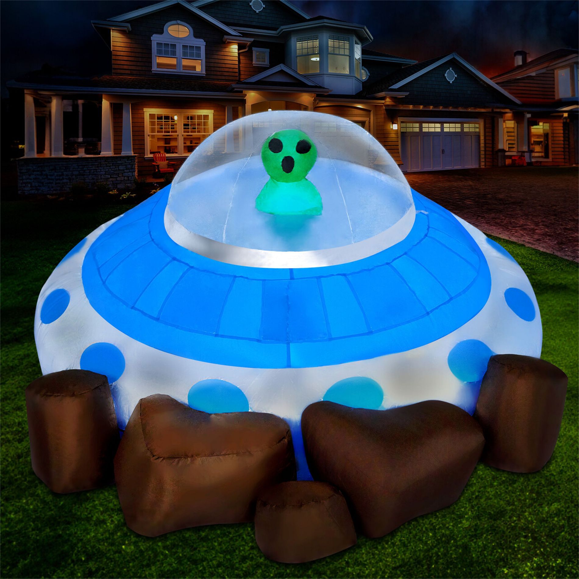 Joyfy 5FT Long Halloween Inflatable Outdoor Decorations, Crashing UFO Inflatable with Color Changing Lights for Halloween Party Yard Garden Lawn Decor