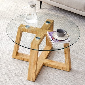 31.5" Round MDF and Tempered Glass Coffee Table with Wood Finish for Living Room and Bedroom - 1 of 4
