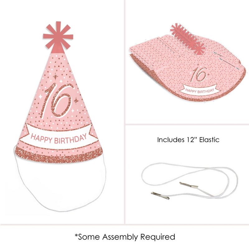 Big Dot of Happiness 16th Pink Rose Gold Birthday - Cone Happy Birthday Party Hats for Adults - Set of 8 (Standard Size), 5 of 8