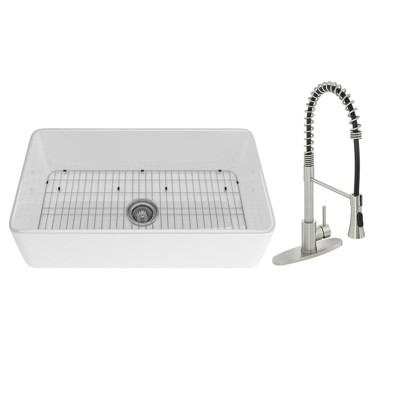 33'' Rectangular Single Bowl Fireclay Farmhouse Apron Kitchen Sink with Faucet, Glossy White
