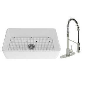 33'' Rectangular Single Bowl Fireclay Farmhouse Apron Kitchen Sink with Faucet, Glossy White - 1 of 4