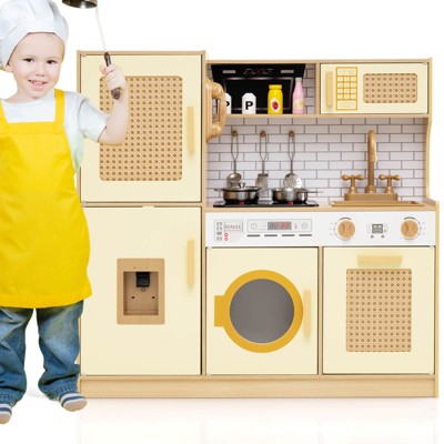 Safstar Wooden Kids Kitchen Playset Pretend Play Kitchen w/ Real Sounds Lights Pink