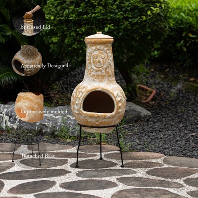 Beige Clay Chiminea Fireplace with Metal Stand