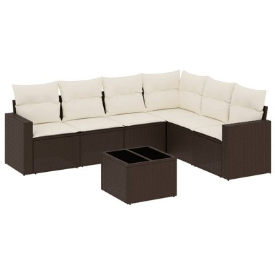 vidaXL 7 Piece Patio Sofa Set with Cushions - Brown and Cream With Table