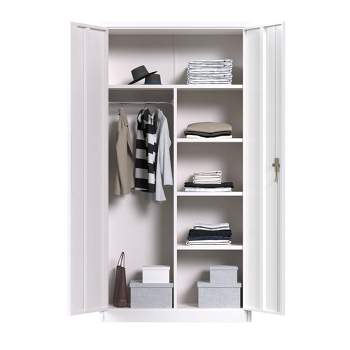 AOBABO Large Metal Wardrobe Style Storage Cabinet with 3 Adjustable Shelves, Cloth Rail, and Lockable Doors for Home Organization, White