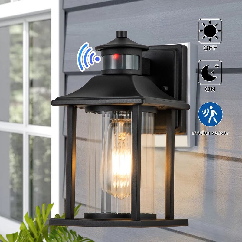 C Cattleya 1-Light Matte Black Motion Sensor Dusk to Dawn Non-Solar Outdoor Wall Light with Clear Striped Glass, 2 of 8