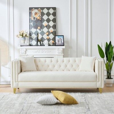 Sapphtopaz Velvet Couches for Living Room with Nailhead&Button Tufted Upholstered Leisure Sofa with Square Arms&Deep Seat for Apartment