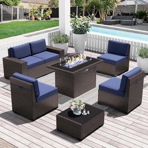 LayinSun 7 Pieces Outdoor Patio Furniture Set with 44" Fire Pit Table Brown Rattan Sectional Sofa Conversation Sets - 1 of 4