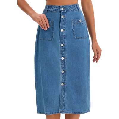 INSPIRE CHIC Women's Denim Button Down Front Slit with Pockets High Waist Pencil Midi Skirts