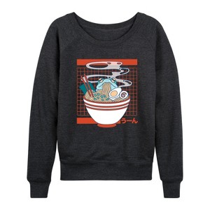 Women's - Instant Message - Kawaii Frog Eating Ramen Lightweight French Terry Wide Neck Long Sleeve Shirt - 1 of 4