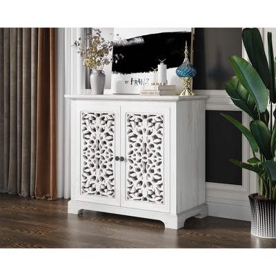 31.5” Console able with Doors, Handcraft Hollow-Carved Sofa Table Wood Sideboard with Shelves, Small Wood Accent Table