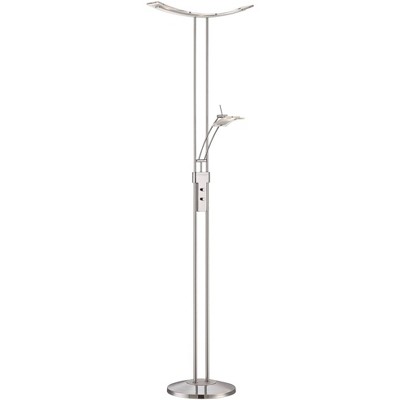 Possini Euro Design Modern Torchiere Floor Lamp LED Dimmable Chrome Silver with Side Light for Living Room Reading Uplight Office