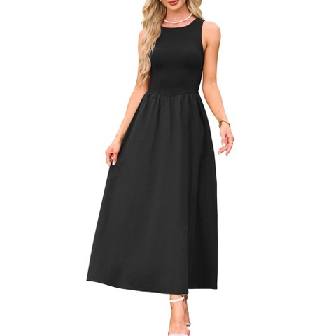 Женские платья INSPIRE CHIC Women's Sleeveless Patchwork Crew Neck Stretchy Casual A-Line Maxi Dresses Medium Black