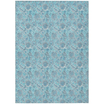 Aqua Blue And Silver Floral Washable Indoor Outdoor Area Rug
