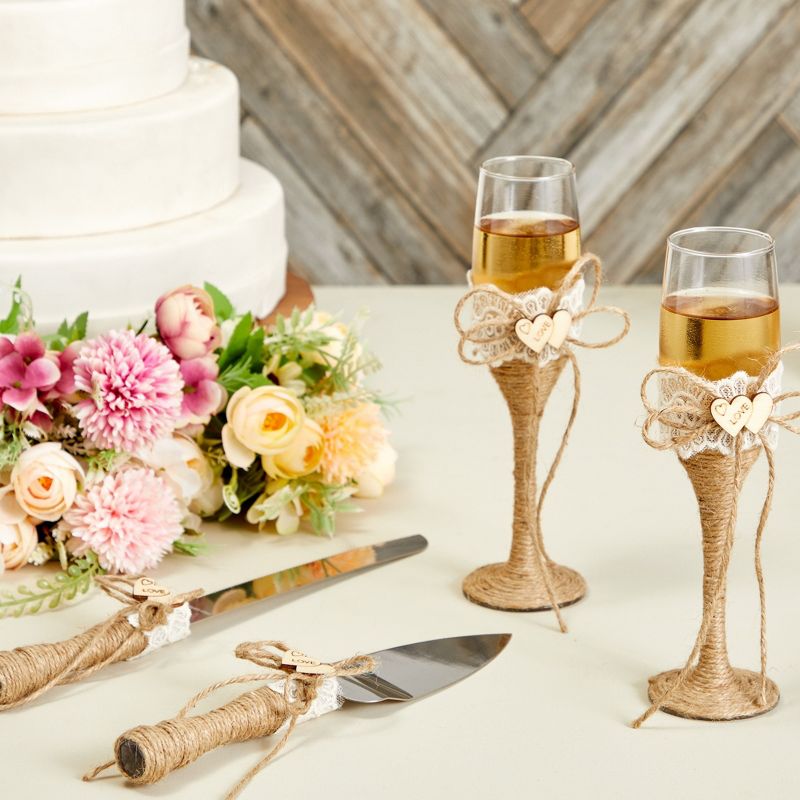 Juvale 4 Piece Rustic-Style Wedding Cake Knife and Server Set with Champagne Glasses for Bride and Groom, Country Theme Wedding Supplies, 3 of 9