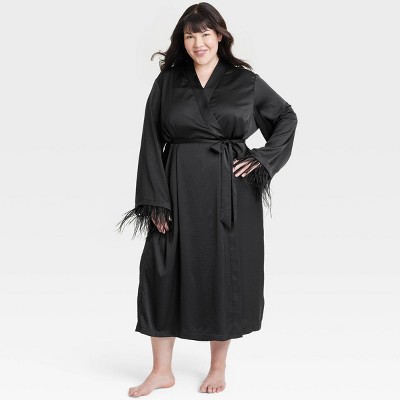 Women's Satin & Feather Robe - Auden™ Black 3X/4X