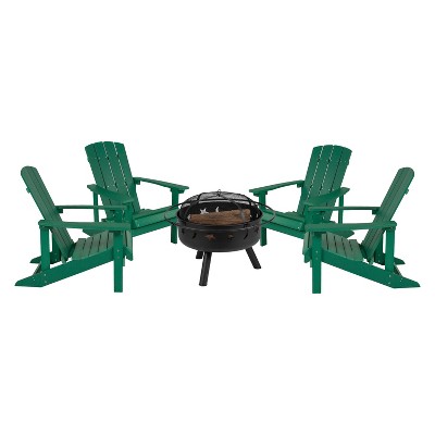 Merrick Lane Ayala 5 Piece Outdoor Leisure Set with Set of 4 Poly Resin Adirondack Chairs and Star and Moon Iron Fire Pit