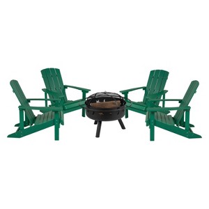 Merrick Lane Ayala 5 Piece Outdoor Leisure Set with Set of 4 Poly Resin Adirondack Chairs and Star and Moon Iron Fire Pit - 1 of 4