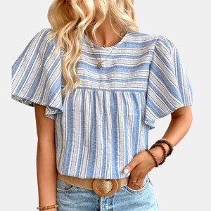 Women's White & Blue Round Neck Flared Sleeve Cropped Top - Cupshe - 1 of 4