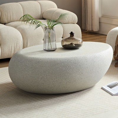 Living Room Vintage Oval Imitation Rock Coffee Table,Coffee Table With Fiberglass Tabletop,Irregular Center Table,No Need Assembly-Coolbibila