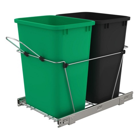 Rev-A-Shelf Pull Out Trash Can for Under Kitchen Cabinets 27 Qt 12 Gallon  Garbage Recyling Bin with Full Extension Slide, Green/Black, RV-15KD-1918C-S