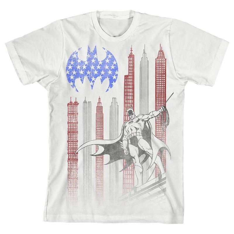 Batman Gotham City American Flag Skyscape White T-shirt Toddler Boy to Youth Boy, 1 of 3