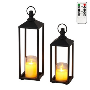 Lanterns Decorative Outdoor & Indoor, Set of 2 Modern Metal Black Lantern with Flameless LED Candles - 1 of 4