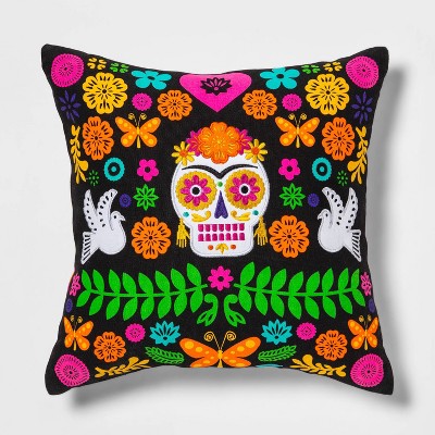 Día de Muertos 16"x16" Flowers/Sugar Skull/2 Doves Throw Pillow - Designed with Luis Fitch