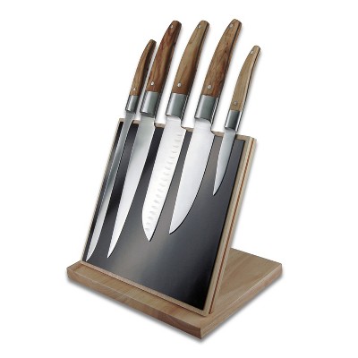 Laguiole Expression Bakelite Olive Wood 5 Piece Kitchen Knife Set with Magnetic Block