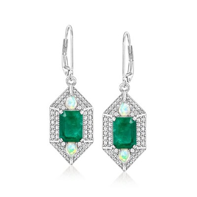 Ross-Simons Opal, 2.90 ct. t.w. Emerald and 1.00 ct. t.w. White Zircon Drop Earrings in Sterling Silver