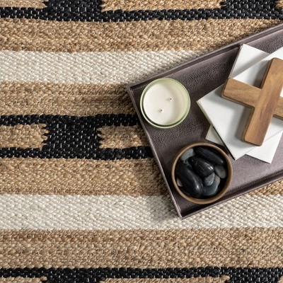 Handmade Rectangular Black and Beige Jute Striped Area Rug 8' x 10'