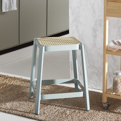Aqua Smoke and Natural Cane Accent Stool with Iron Frame