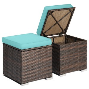 Tangkula 2 Pieces Patio Ottoman Outdoor Wicker Footstool Storage Box Side Table w/ Solid Metal Frame Additional Seating w/ Removable Cushions Beige/Off White/Red/Turquoise/Gray/Navy - 1 of 4