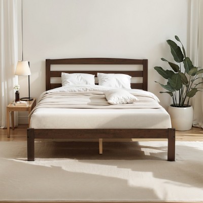 Subrtex Solid Wood Platform Bed with Headboard, Bed Frame with Wood Slat Support, Walnut