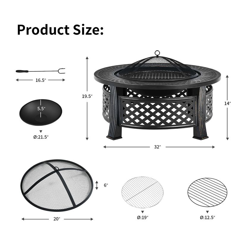 Costway 32'' Round Fire Pit Set W/ Rain Cover BBQ Grill Log Grate Poker, 3 of 11