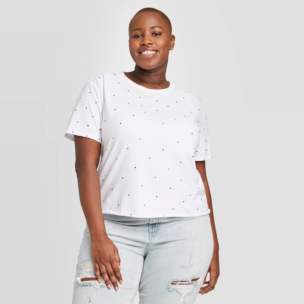 Women's Plus Size Rhinestone Boxy Short Sleeve Graphic T-Shirt - Mighty Fine (Juniors') - White 3X was $12.99 now $9.09 (30.0% off)